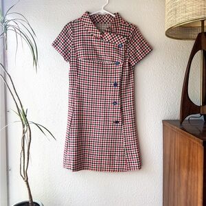 1960s Mid Mod Wrap Wool Dress in Red, White & Blue Houndstooth
